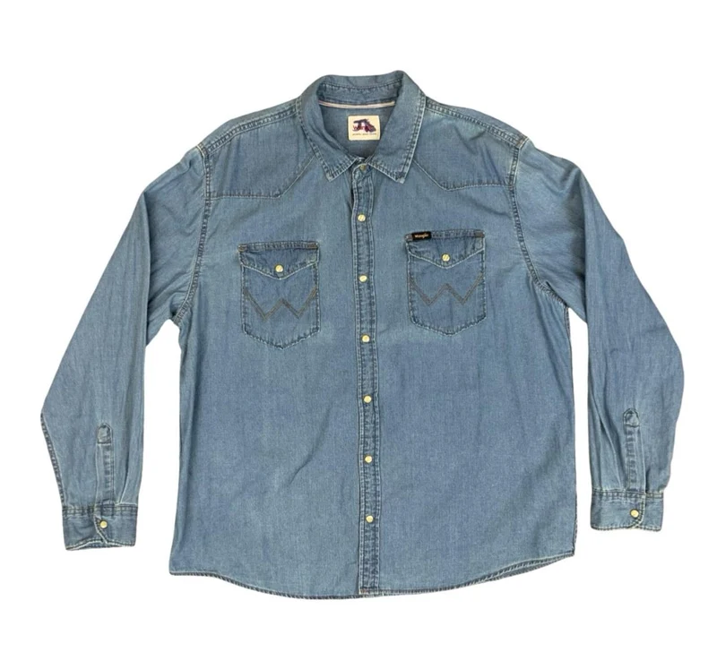 Vtg Wrangler Blue Denim Pearl Snap Western Yoked Cowboy Shirt XL 2XL