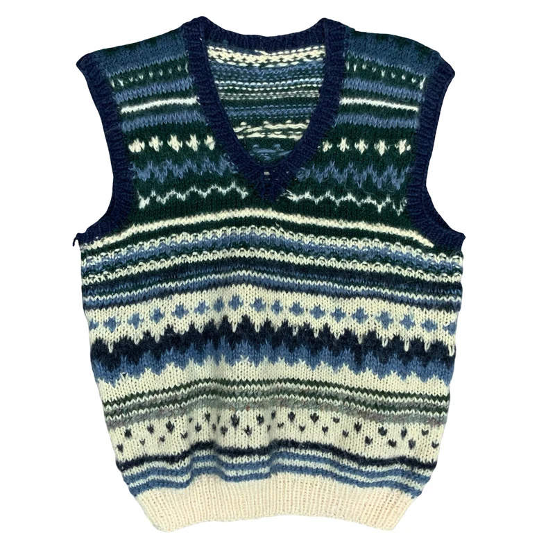 Vtg 70s 80s Blue White Green Geometric Hand-Made Casual Knit Sweater Vest S UK12