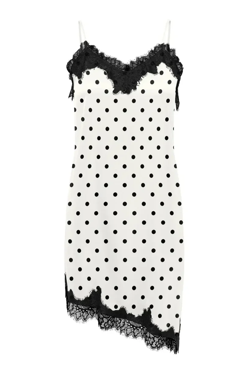 Only - Onlbella Strap Satin Lace Dress - 5126141 Cloud Dancer Black Dot And Black Lace