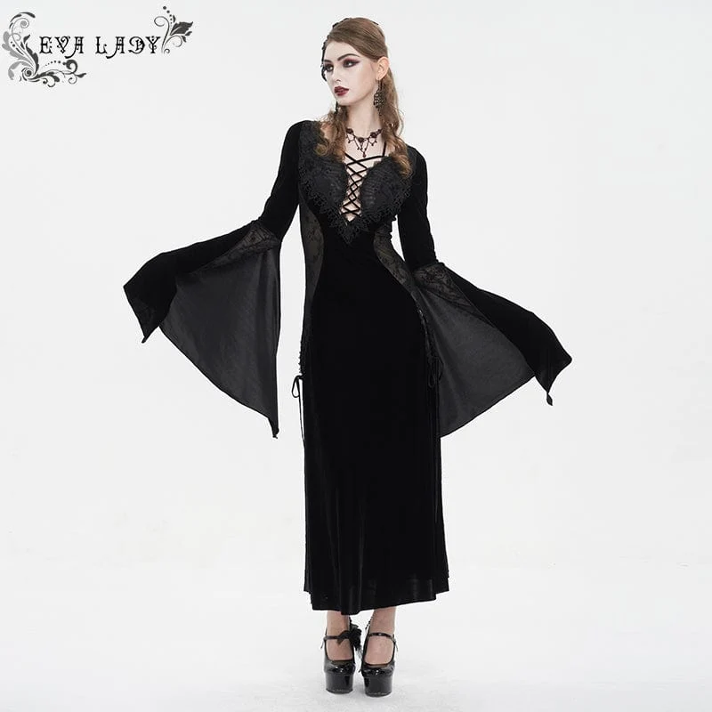 Gothic Plunging Mesh Split Velvet Bröllopsklänning för kvinnor