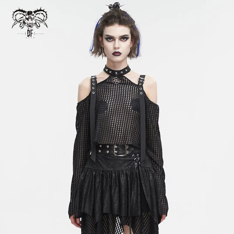Dam Punk Off Shoulder Spänne Sheer Crop Top Svart