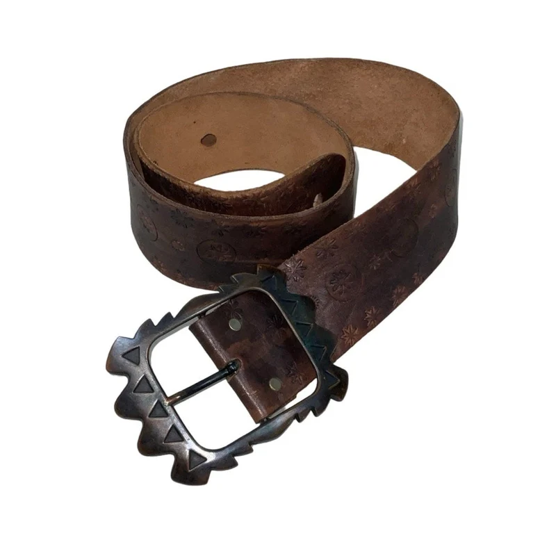 Vintage 80s 90s Brown Leather Floral Carved Geometric Buckle Belt