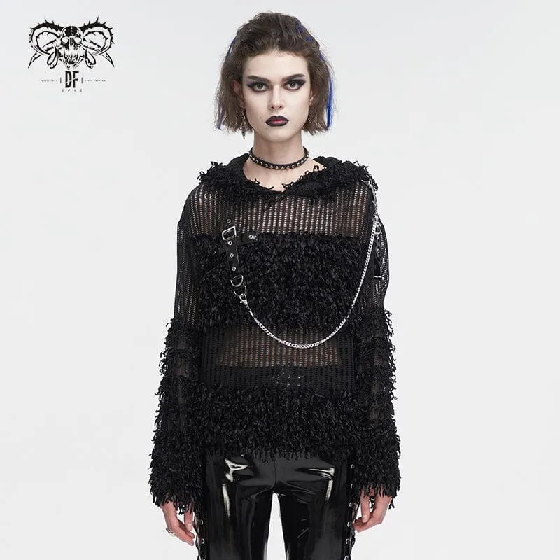Dam punk distressed sheer tröja med huva och kedja