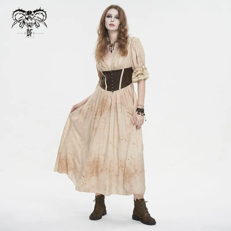Gothic Plunging Puff Sleeved Klänning med spetsfåll för kvinnor