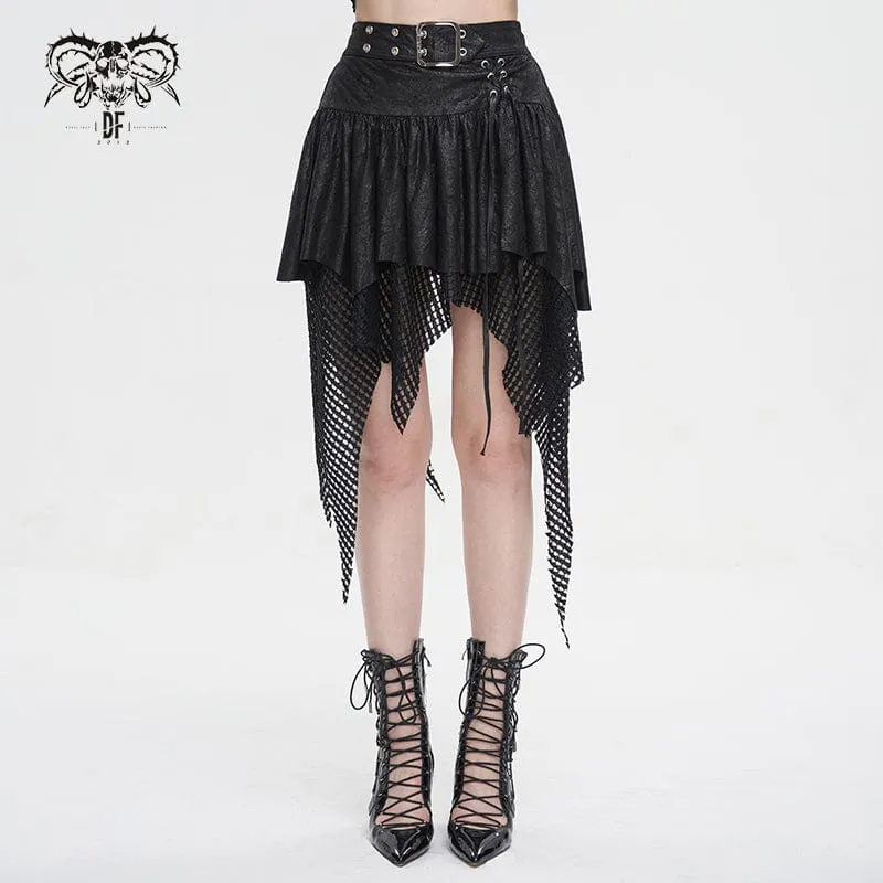 Gothic Irregular Mesh Splice Buckle Skirt Svart för kvinnor
