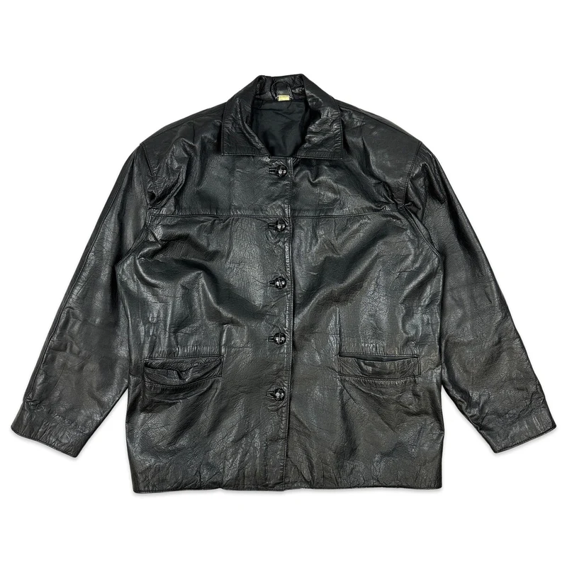 90s Vintage Black Leather Button Up Jacket Coat XL 18