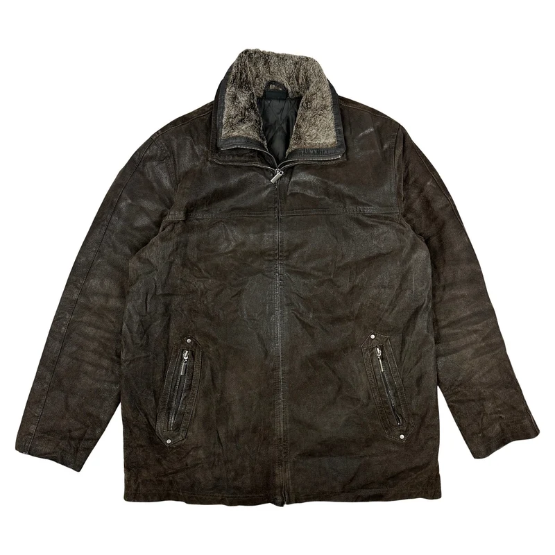 Vintage 90s Mens Brown Suede Bomber Jacket Faux Fur Collar L