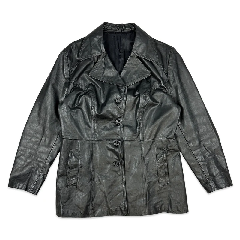 Vintage 70S Ladies Black Leather Jacket Blazer L 16