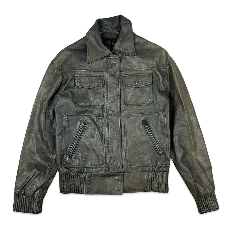 Vintage Grey Leather Bomber Jacket 10