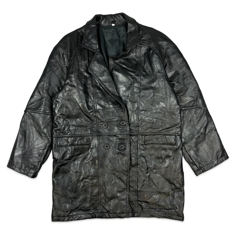 90s Vintage Black Patchwork Double Breasted Leather Coat Jacket XL