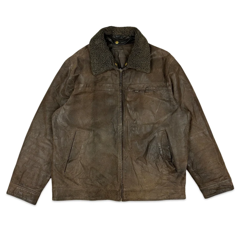 Vtg Y2K Brown Leather Aviator Jacket XL