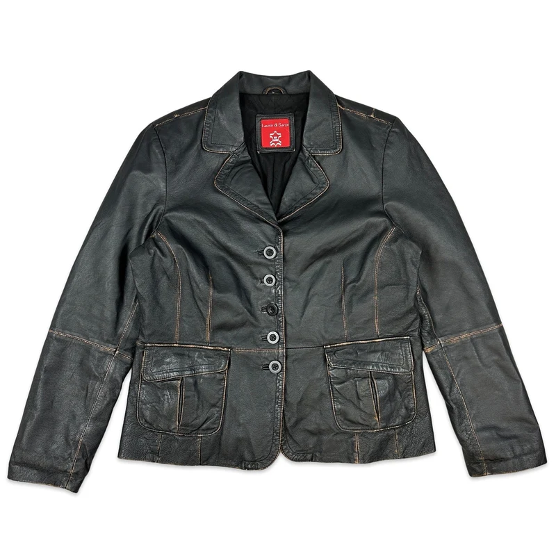 Y2K Vintage Black Leather Jacket Blazer Coat 14 16