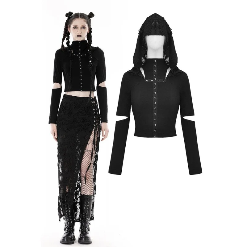 Punk Cutout Eyelet Crop Top för kvinnor med sliten huva