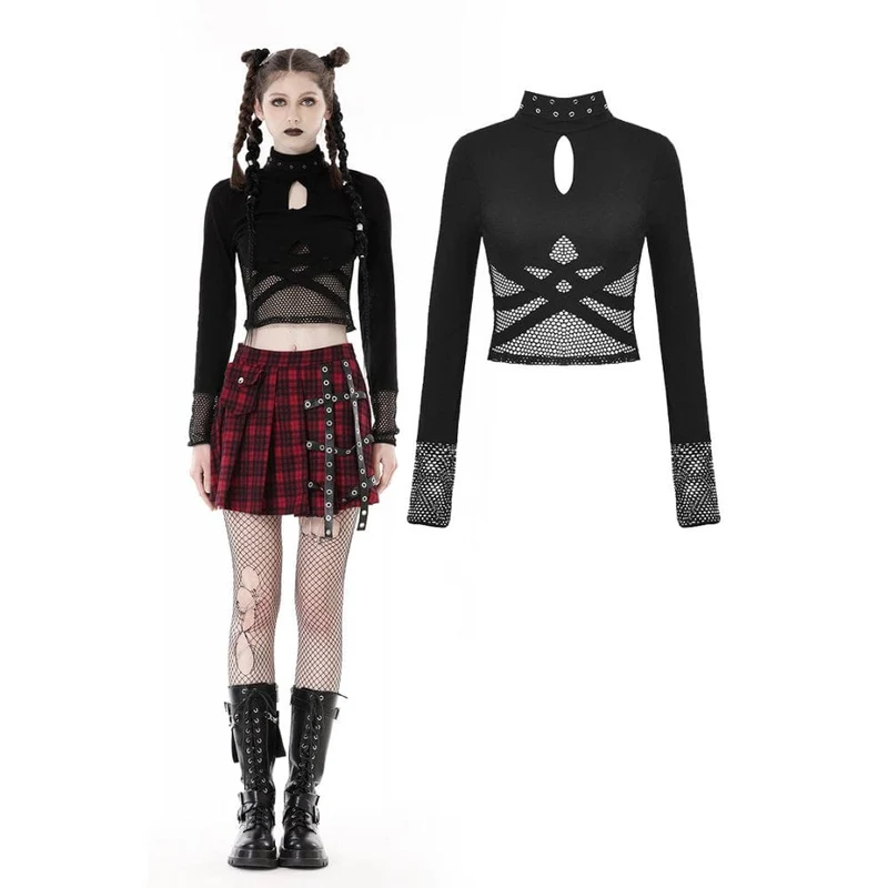 Punk Cutout Mesh Splice Crop Top för kvinnor