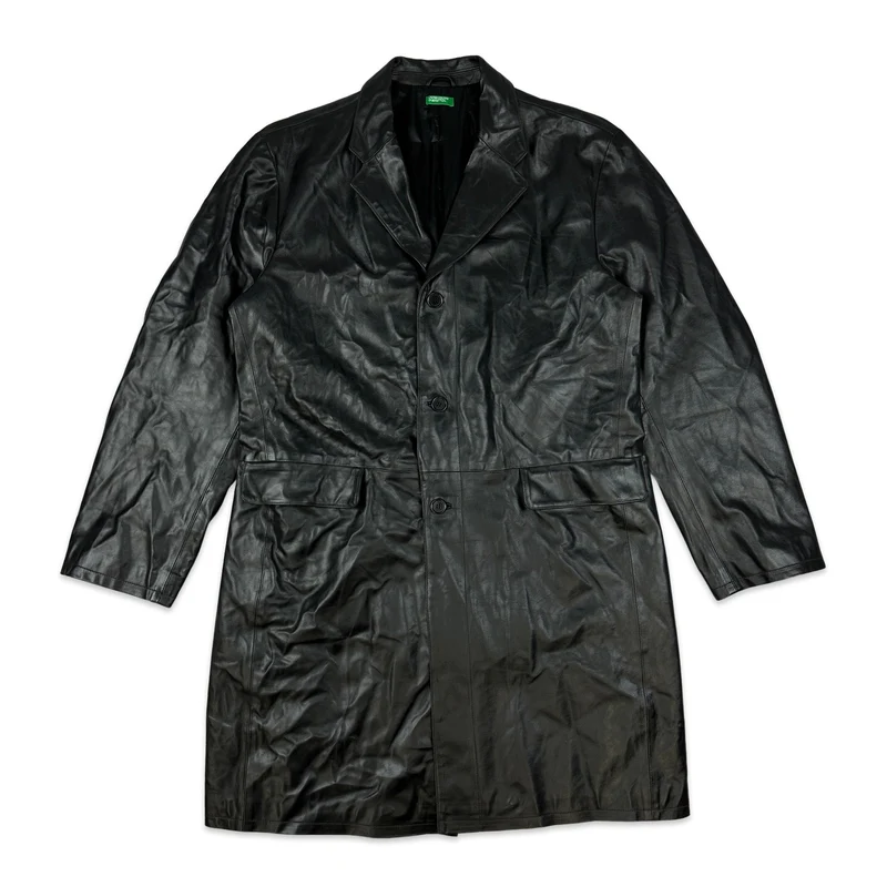 90s Vintage Benetton Black Leather Long Coat XL