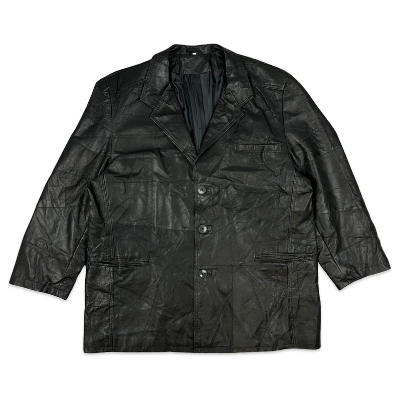 Vintage Black Patchwork Leather Blazer Jacket Coat 2XL