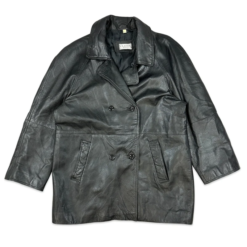 90s Vintage Ladies Double Breasted Black Leather Coat 14