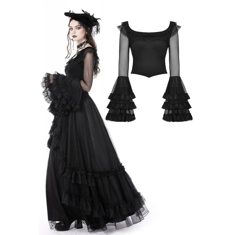 DIL Dam Gothic Flared Layered Sleeveless Mesh Skjorta