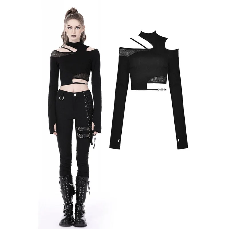 Dam Punk Oregelbunden Cutout Mesh Splice Crop Top
