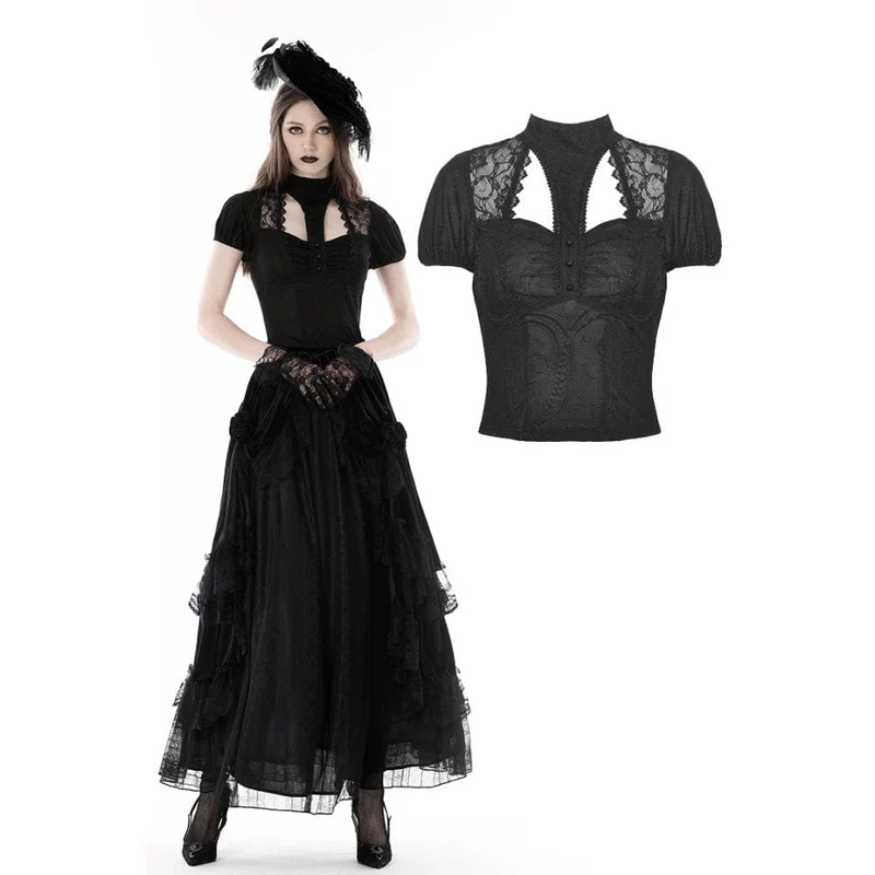 Gothic Cutout Spetsskarvskjorta för kvinnor