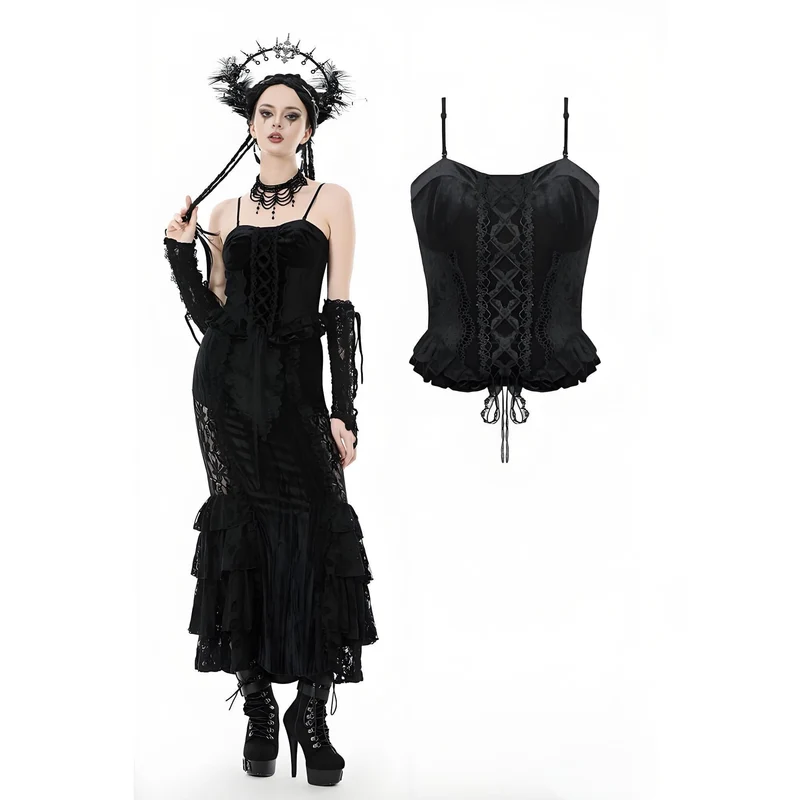 Gotisk broderad bustier i sammet med volanger för kvinnor