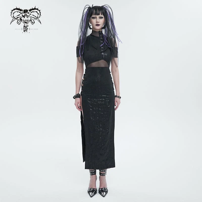 Gothic Off Shoulder Mesh Split Split Klänning för kvinnor