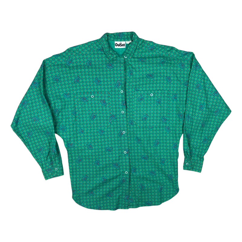 Vintage 80s 90s Teal Abstract Print Blouse 16