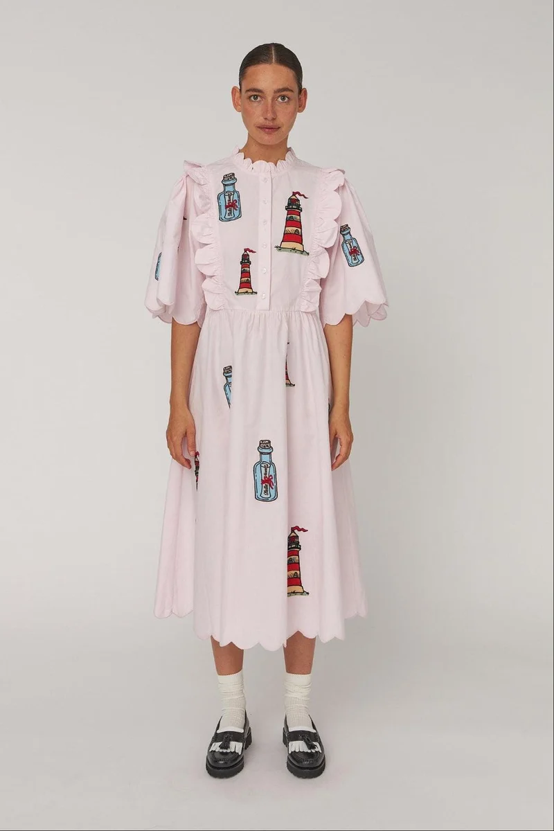 Stella Nova - Embroidered Midi Dress With Scallopseb61-4430 - 558 Pale Pink