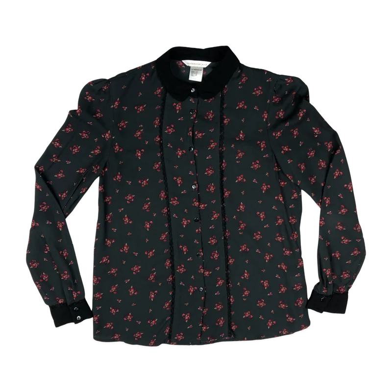 Vintage 90s Y2K Black Floral Print Blouse 8
