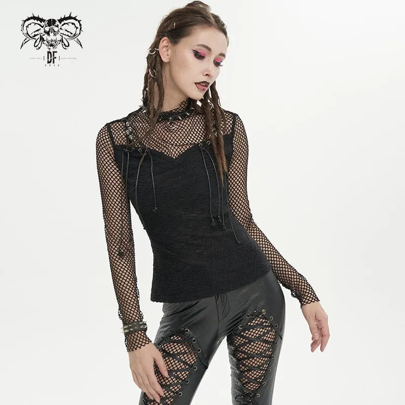 Gothic Skulls Mesh Splice Shirt för kvinnor