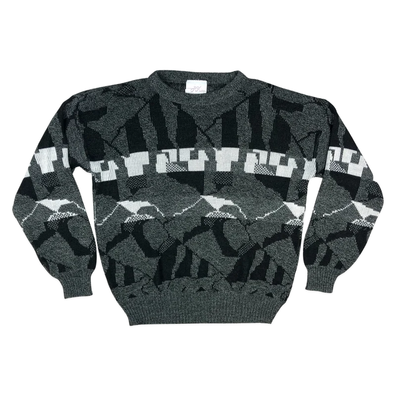 Vintage 80s Abstract Grey Patterned Knit Jumper L
