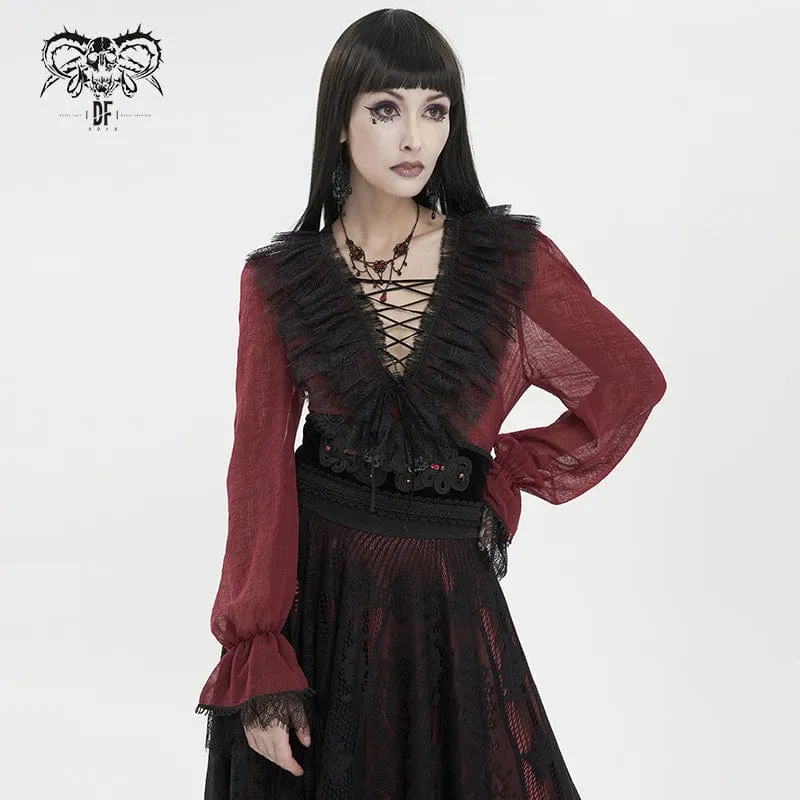 Gothic Plunging Ruffled Sheer Skjorta för kvinnor Röd