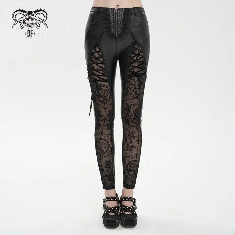 Gothic Lace Splash Leggings i konstläder för kvinnor