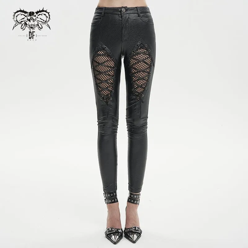 Gothic Mesh Splice Leggings i konstläder för kvinnor