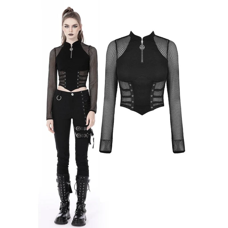 Punk Mesh Split Eyelets Crop Top för kvinnor