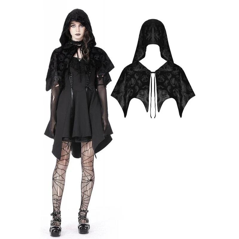 Gothic Skull Printed Velvet Cape med huva för kvinnor