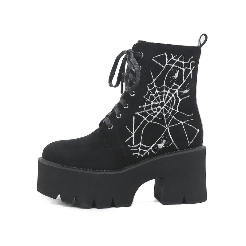 Kvinnors Punk Spider Web broderade plattformsstövlar