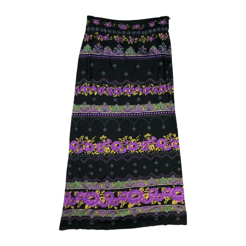 Vintage 60s 70s Black Floral Long Maxi Skirt 10