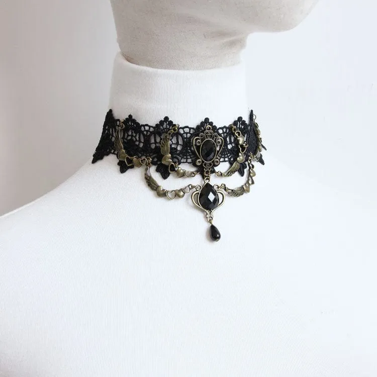 Gothic Diamante Lace Choker för kvinnor med hjärtkedja