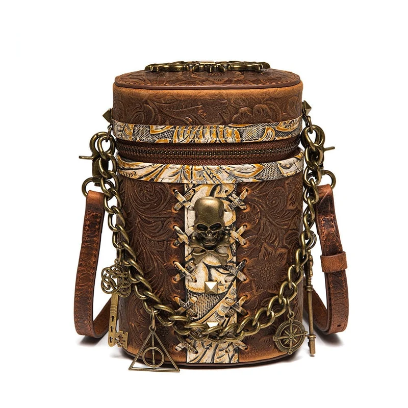 Unisex Steampunk Skull Embossed Bucket Bag med kedja