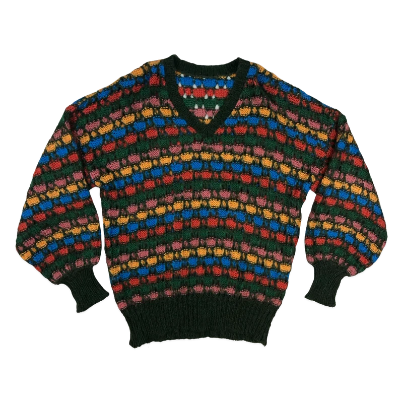 Vintage 80s Multicolour Open Weave Knit V-neck Jumper 3XL