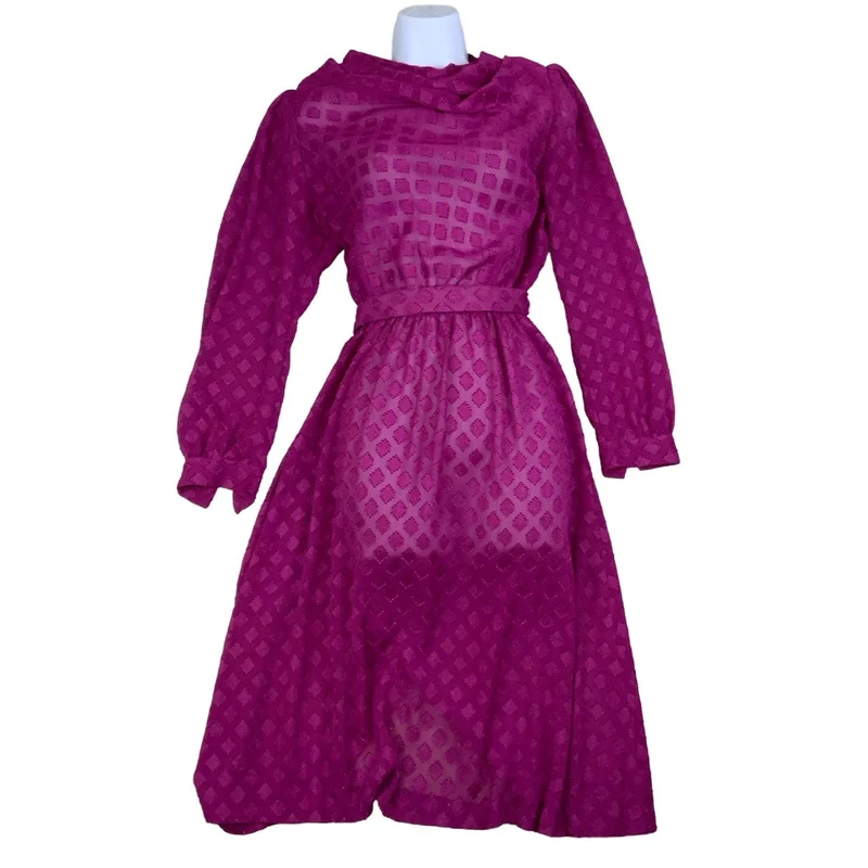 Vintage 70s 80s Pink Textured Diamond Cowl Neck Drop Waist Midi Dress 10 12