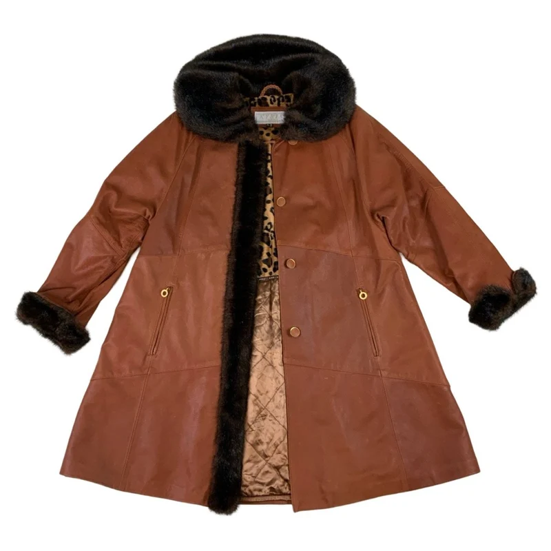 Vintage Kyria Womens Tan Suede Leather Fur Trim Swing Coat M 12-14