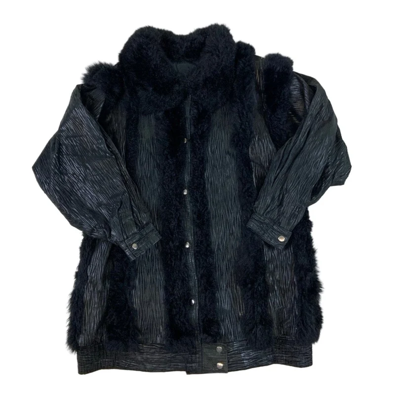 VTG Striped Leather Faux Fur Coat Jacket Removable Arms Gilet 16 18