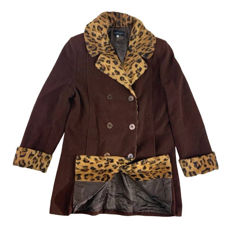 Vintage Womens Wool Animal Print Faux Fur Coat M 12 14