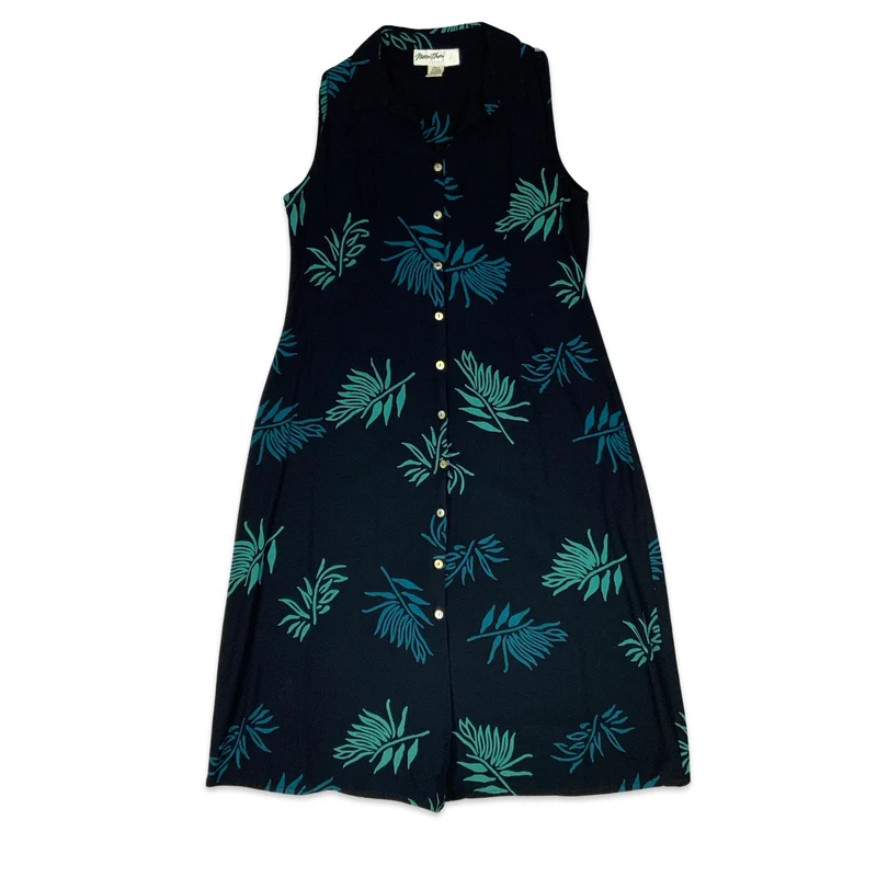Y2K Black & Teal Botanical Print Sleeveless Button-up Maxi Dress 14 16