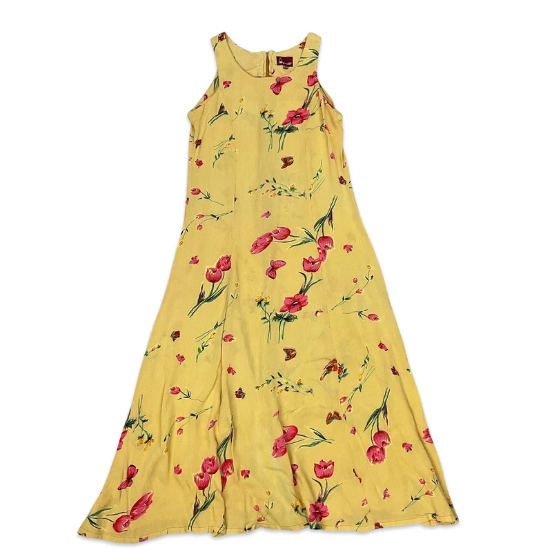 Vintage Yellow & Pink Floral Maxi Dress 10