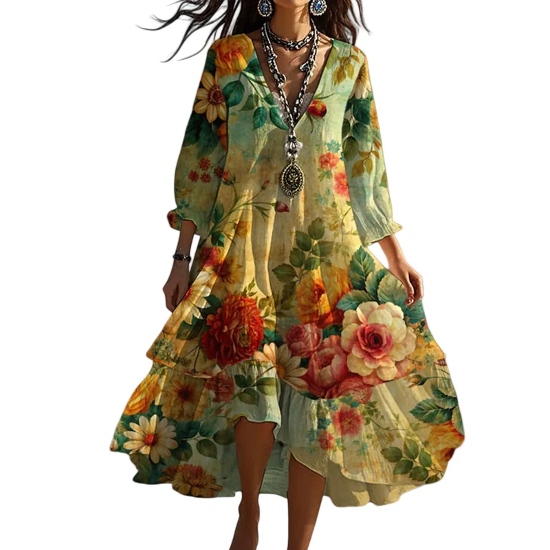 Dam Sommarklänning Boho V-ringad Flödande Stil