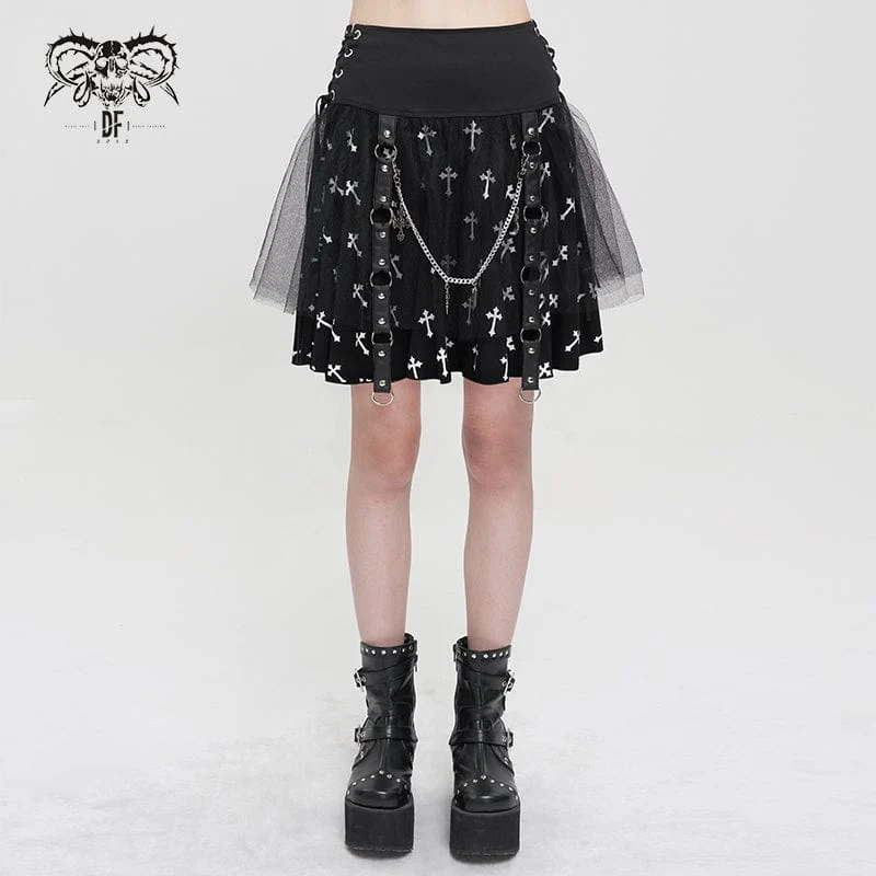 Gothic Cross Printed Mesh Splice Chain Kjol för kvinnor