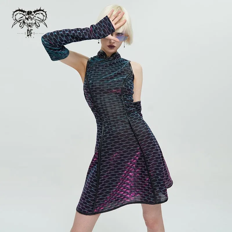 Klänning med grunge Cheongsam krage med fjällande tryck för kvinnor med överärmar